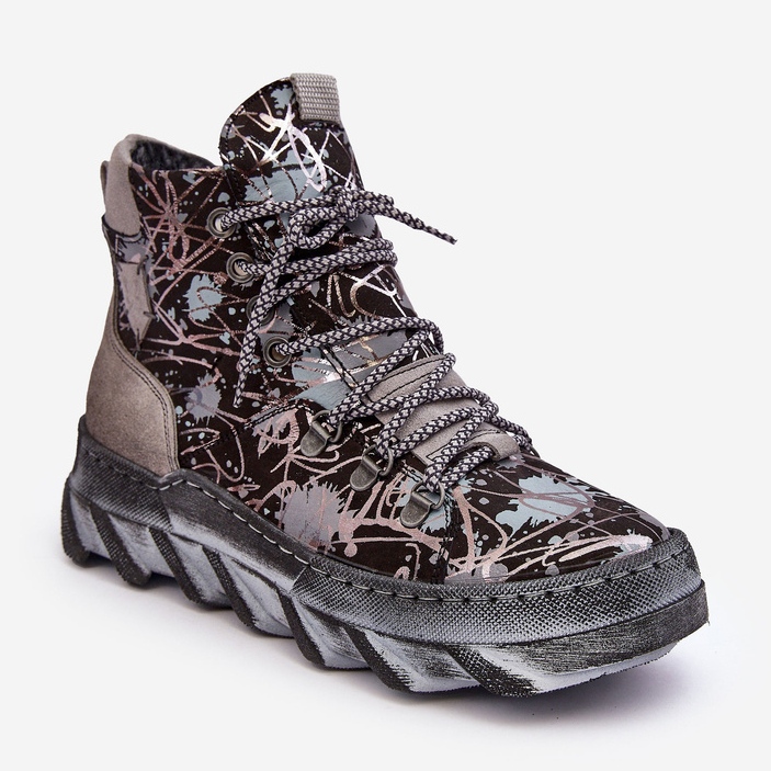 Läder varma ankelstövlar för kvinnor Maciejka 06146-03 Grå svart 1