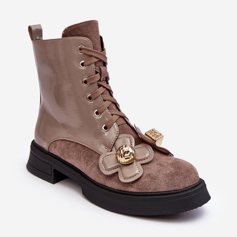 S.Barski Fashionabla ankelstövlar med dragkedja för kvinnor med dekorationer D&amp;A MR870-76 Gråbrun beige 1