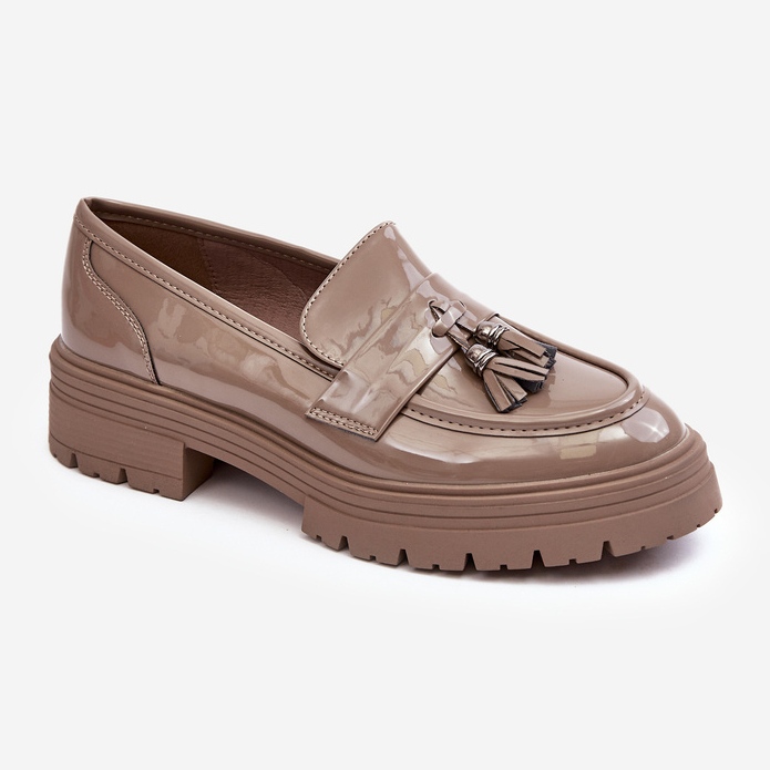 Loafers i lackskinn med fransar, mörkbeige Velenase 1