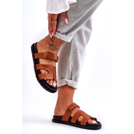 Joia Klassiska flipflops för damer i läder med kardborreband, brun 4