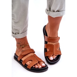 Joia Klassiska flipflops för damer i läder med kardborreband, brun 3