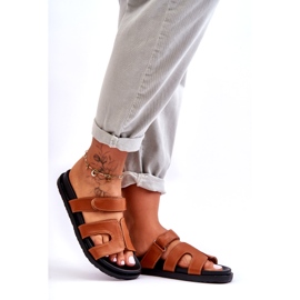 Joia Klassiska flipflops för damer i läder med kardborreband, brun 1