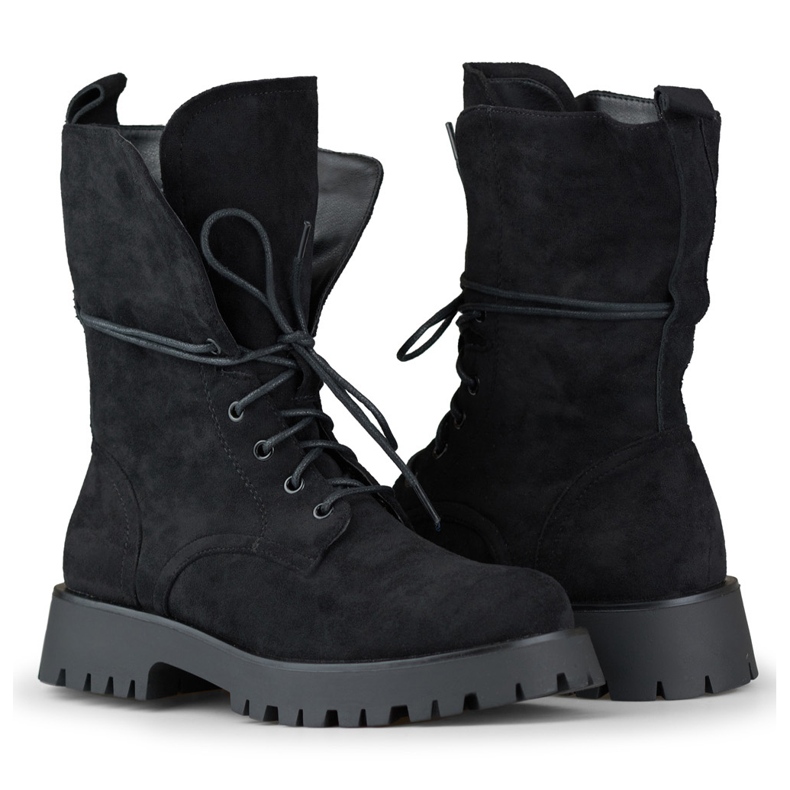 Arbetsstövlar i svart mocka med snörning för kvinnor beige 1