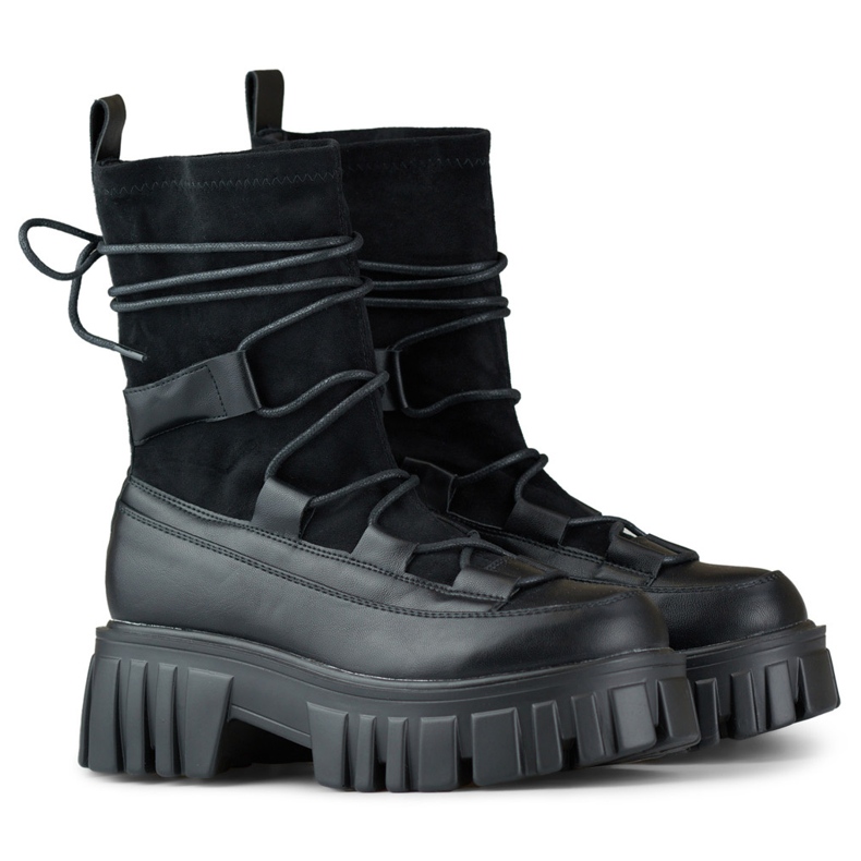 Ankelstövlar med snörning för kvinnor på plattform med en flexibel ovandel svart 1