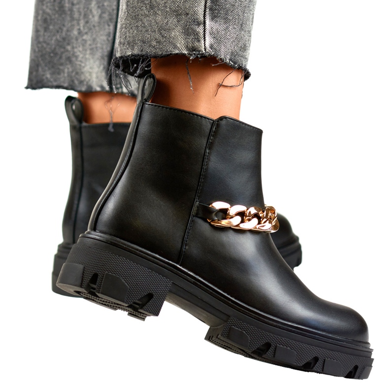 Ankelstövlar för kvinnor med kedja av ekologiskt läder svart 2