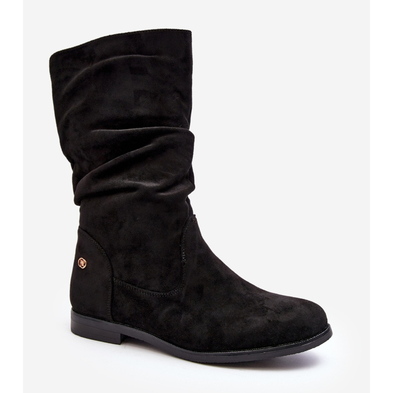 Platta stövlar för kvinnor med rynkad ovandel, svart Kotine 1