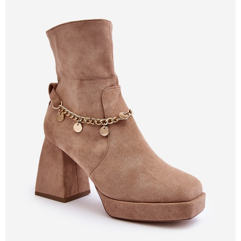 Högklackade ankelstövlar för kvinnor med kedja, Beige Tiselo 1