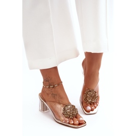 Genomskinliga flip-flops på hög klack med gulddekoration S.Barski MR1037-20 gyllene 2