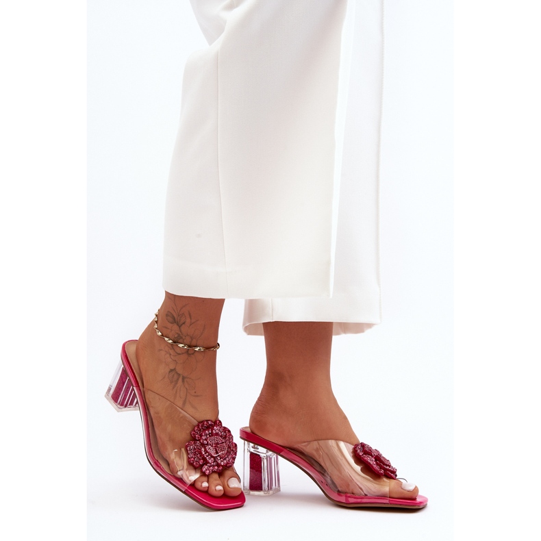 Genomskinliga flip-flops på hög klack med Fuchsia dekoration S.Barski MR1037-20 rosa 1