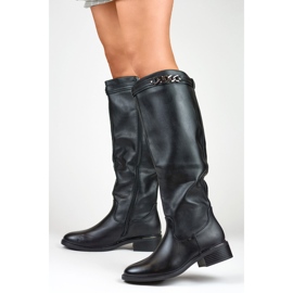 Knähöga stövlar för kvinnor med platt sula av ekologiskt läder svart 2