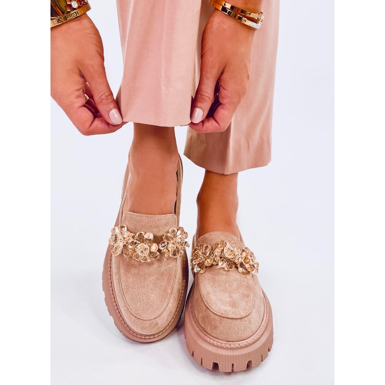 Heidi Khaki loafers med kristaller beige 1