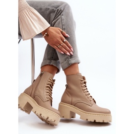 Zazoo 3413 läderarbetarstövlar för kvinnor med massiva höga klackar, beige 1