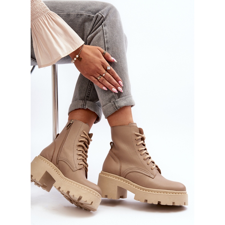 Zazoo 3413 läderarbetarstövlar för kvinnor med massiva höga klackar, beige 1