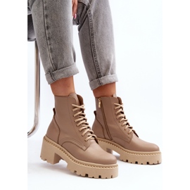 Zazoo 3413 läderarbetarstövlar för kvinnor med massiva höga klackar, beige 2