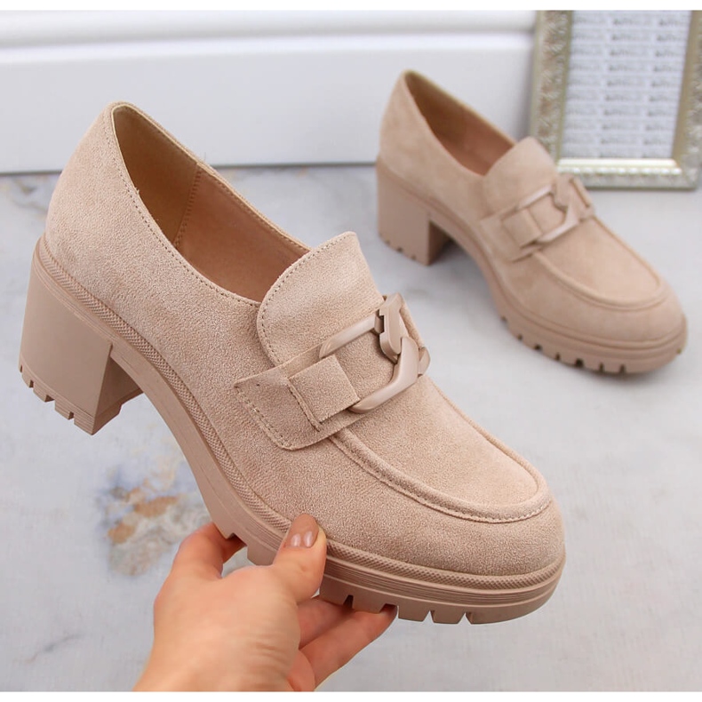 Damskor, mockasin mocka på hög klack och plattform, beige Vinceza 10921 1