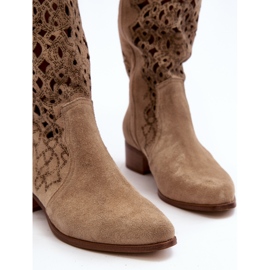 Zazoo 3403 Openwork stövlar för kvinnor på låga klackar Ljusbeige 2