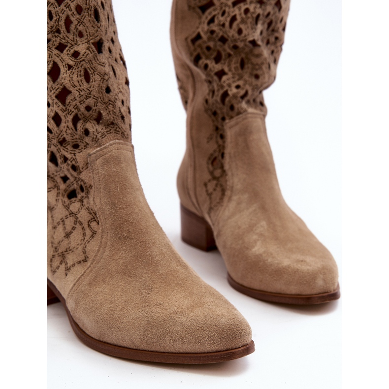 Zazoo 3403 Openwork stövlar för kvinnor på låga klackar Ljusbeige 2