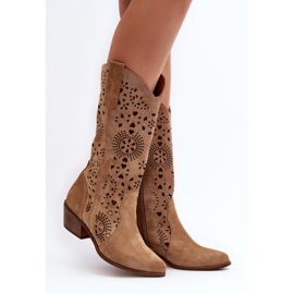 Zazoo 3396 Mocka Openwork Mid-Calf Boots Beige 2