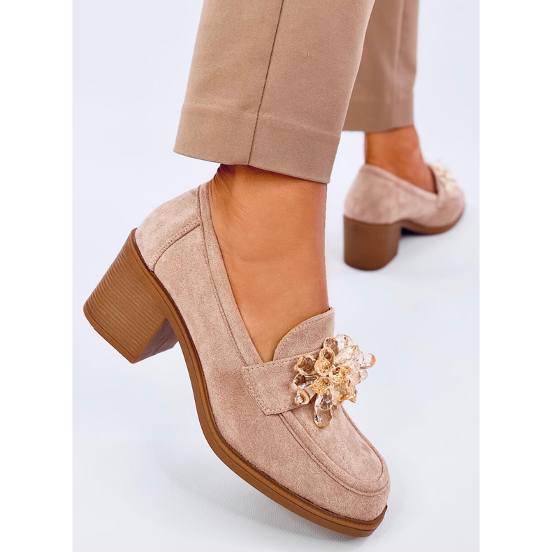 Lorenz Camel högklackade loafers med stenar beige 2