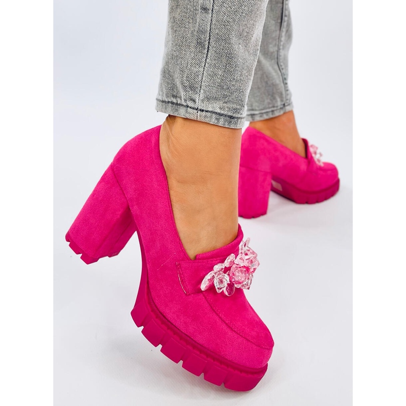 Nadina Fuchsia högklackade loafers med stenar rosa 2