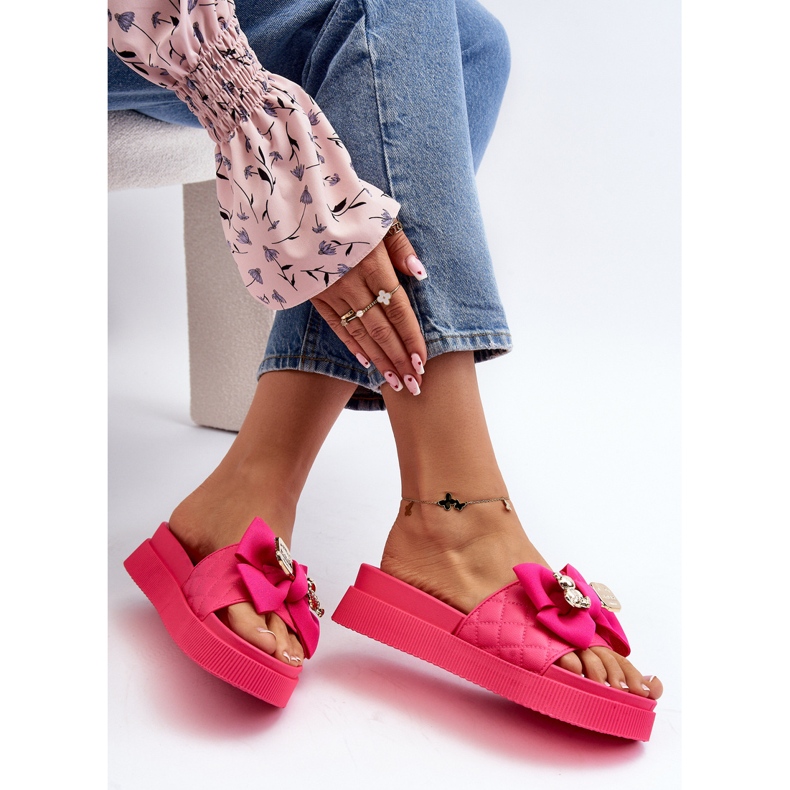 Flip Flops för kvinnor med rosett och nalle Fuchsia Katterina rosa 1