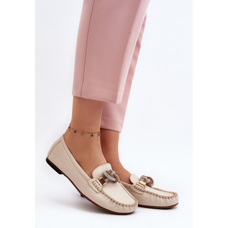 Lädermockasiner för kvinnor med dekoration Laura Messi 2761 ljusbeige 2