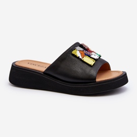 Vinceza Flip Flops i läder för kvinnor med svart Asames-dekoration 1