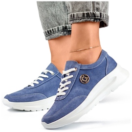 Damsneakers gjorda av naturligt läder i jeansfärg blå 4