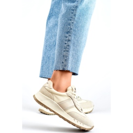 Beige damsneakers, sportskor i läder för kvinnor 3