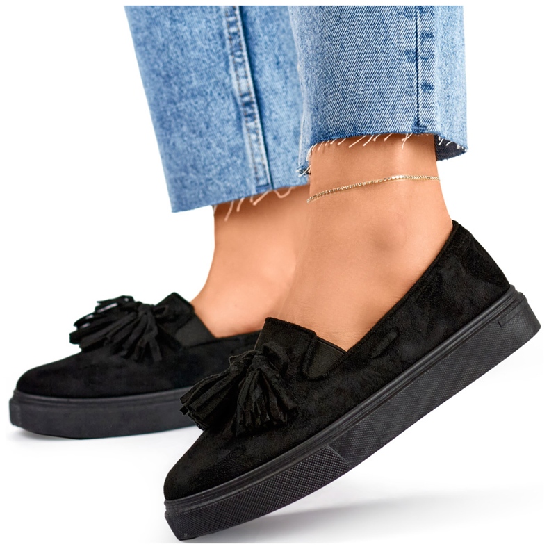 Svarta damskor med fransar, svarta mockasiner med fransar 1