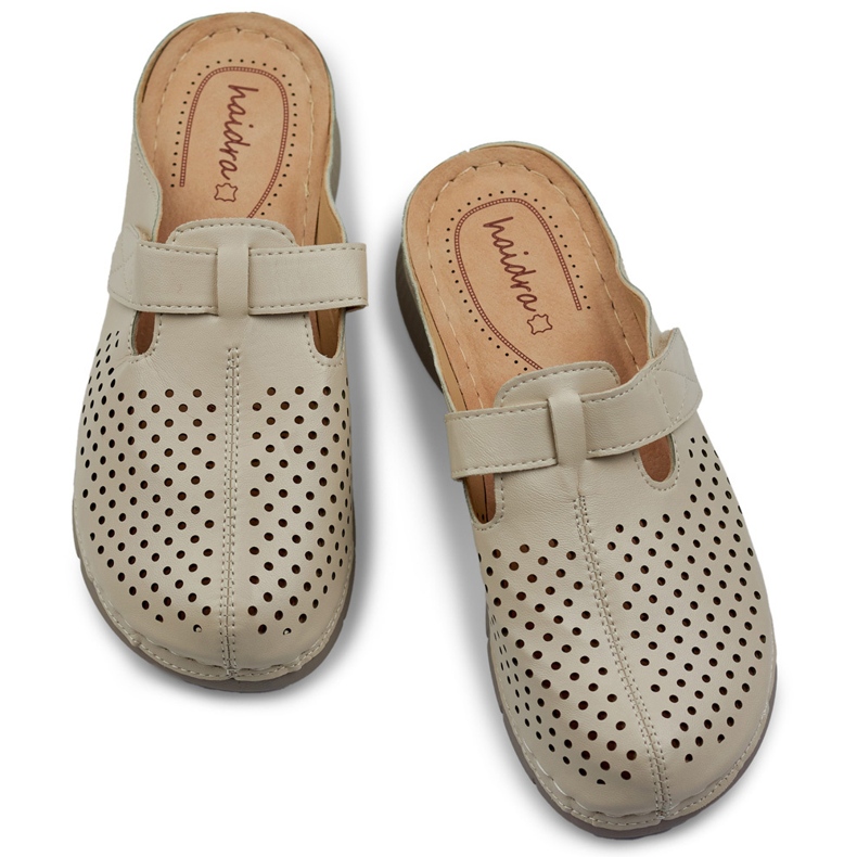 Kvinnors hälsa flipflops med stängda tår och kardborreband beige 1
