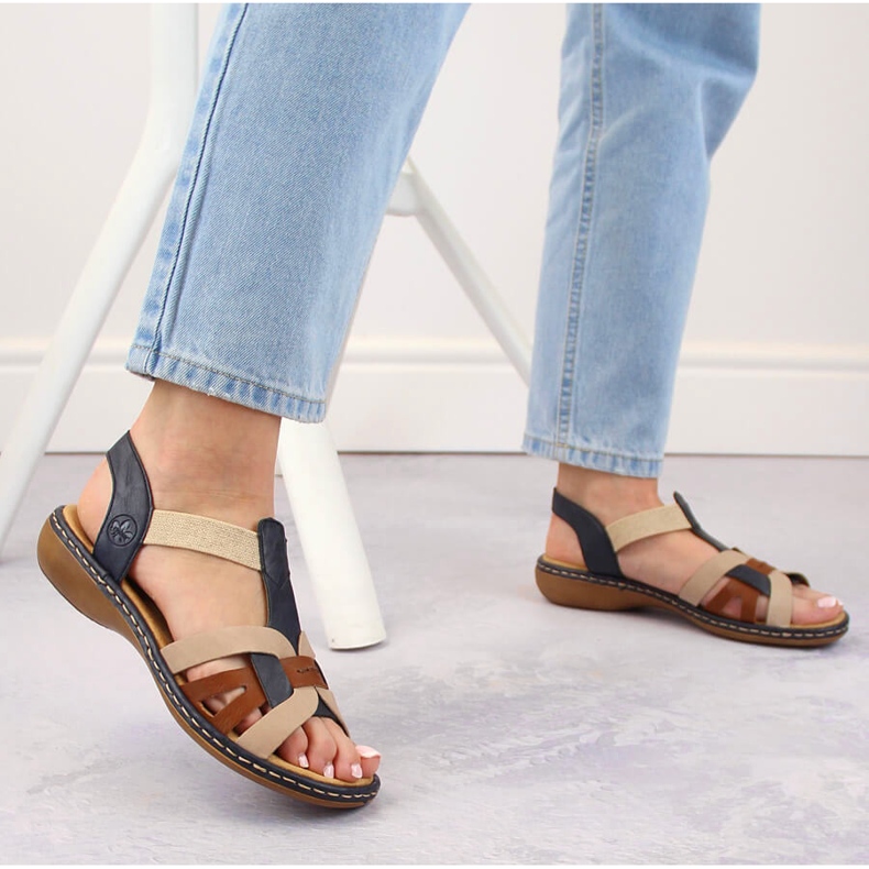 Bekväma slip-on sandaler för kvinnor med flerfärgade elastiska band, Rieker 65918-90 beige 2