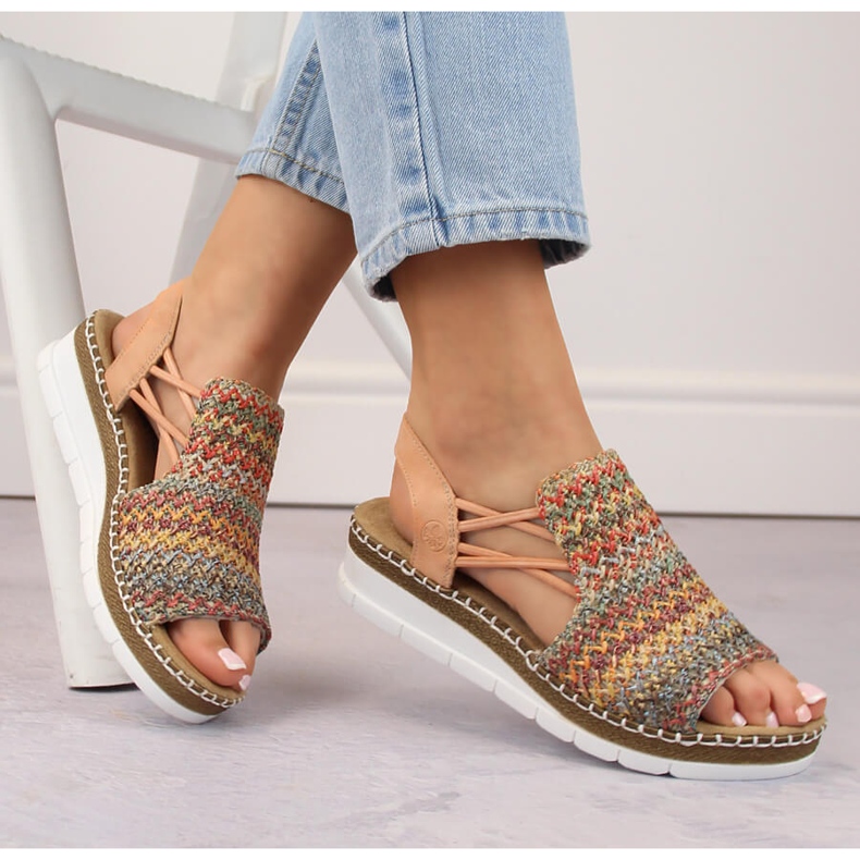 Bekväma flerfärgade slip-on sandaler för kvinnor Rieker V1241-90 beige 1