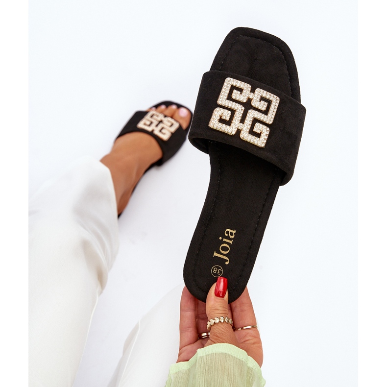 Plattklackade flip-flops för kvinnor med dekoration, svart Inaile 2