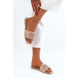 Plattklackade flip-flops för kvinnor med dekoration, Beige Inaile 1