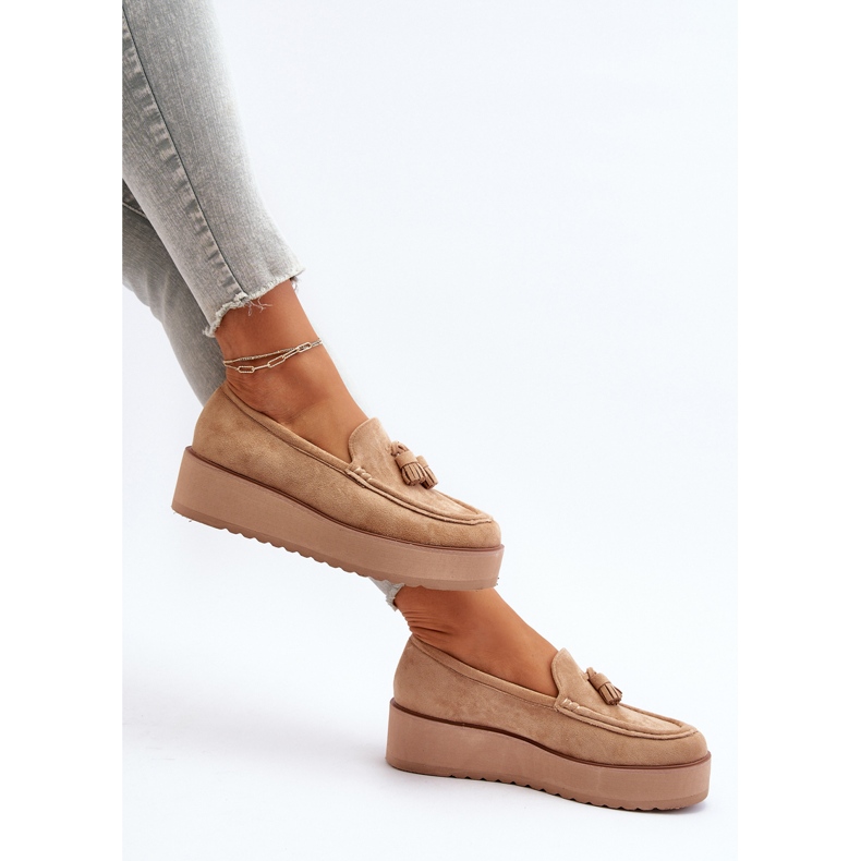 Kvinnors Mockasiner På En Plattform Med Fransar, Brun Mialani 1