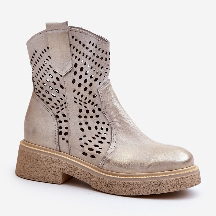Zazoo 3470 ankelstövlar i läder för kvinnor på platt klack, genombruten guld, borstad gyllene 2