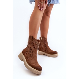 Zazoo 3470 Mocka damstövlar på platta klackar, genombruten brun 2