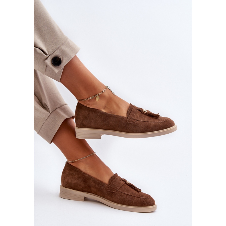 Zazoo 3420 Loafers i mocka för kvinnor med platta klackar, brun 1