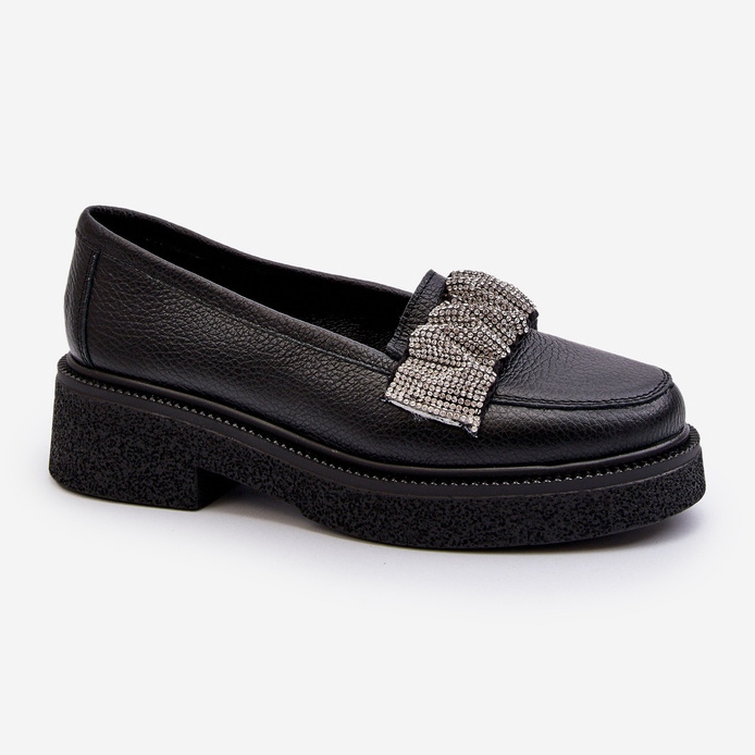 Zazoo 3419 lädermockasiner för kvinnor med en dekorativ rem, svart 1