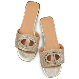 Eleganta damtofflor med lågklackade paljetter i guld gyllene 1