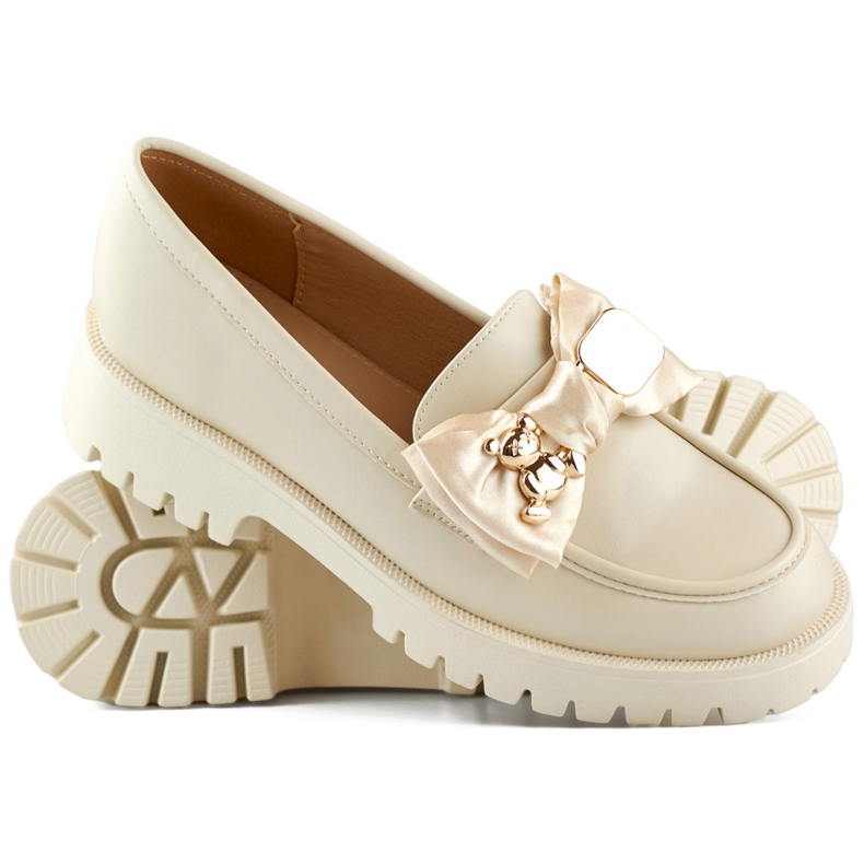 Beiga loafers med rosett, mockasiner med nallebjörn beige 1