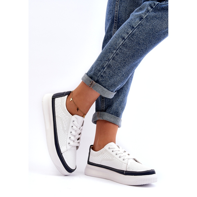 Sergio Leone Damsportskor i läder, sneakers, vita och marinblå 1