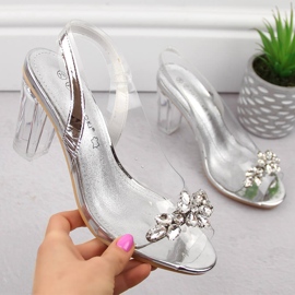 Genomskinliga högklackade damsandaler med silver zirkoner Potocki WS43305 silver- 1