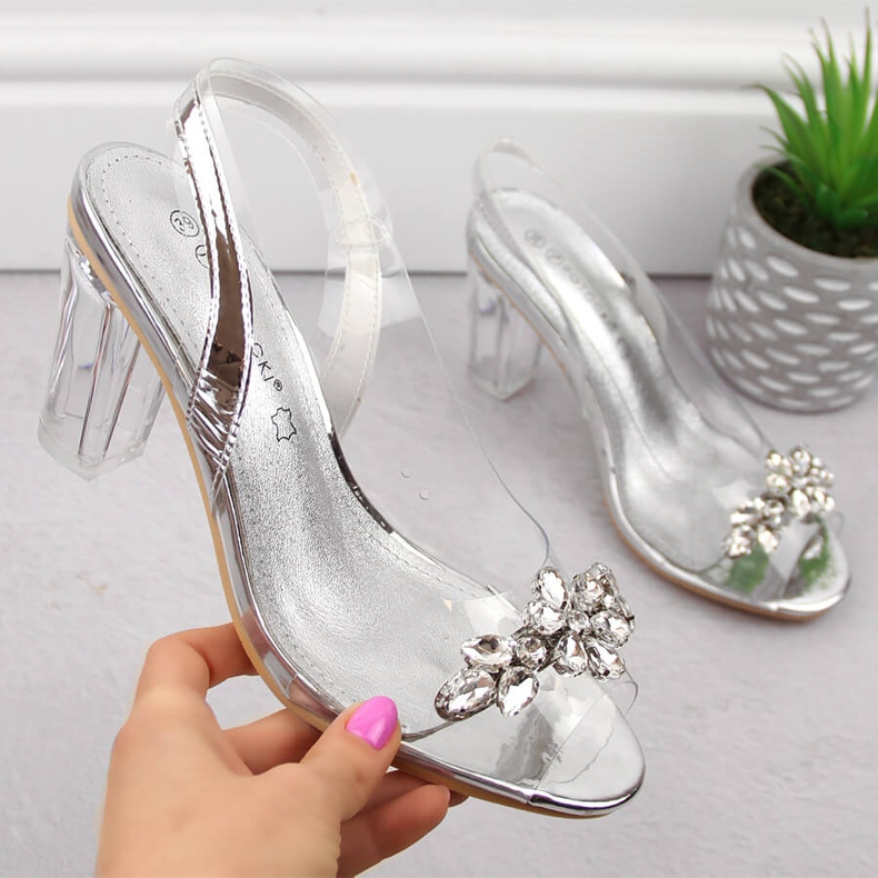 Genomskinliga högklackade damsandaler med silver zirkoner Potocki WS43305 silver- 1