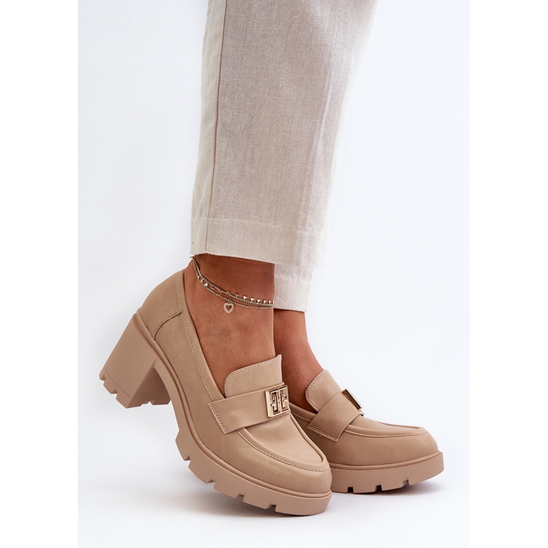 Beige Ranunca damskor med tjocka klackar med dekoration 2