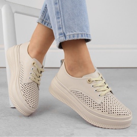 Genombrutna läderskor för kvinnor på plattformen, beige Artiker 54C1707 1