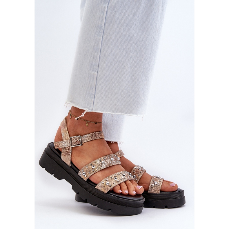 Dam dekorerade sandaler Eco Läder Guld-Beige Arcida 2