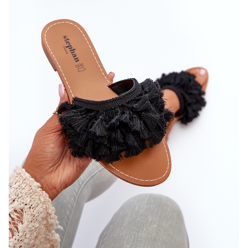 Platta flipflops för kvinnor med fransar, svart Rialle 1