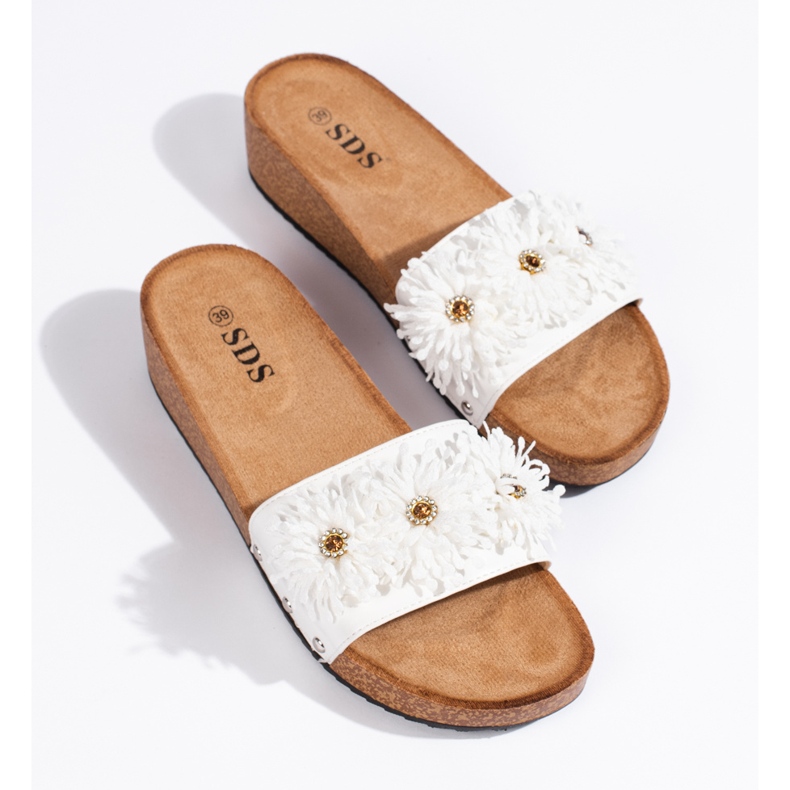 Damtofflor i mocka med blommor, vita 1